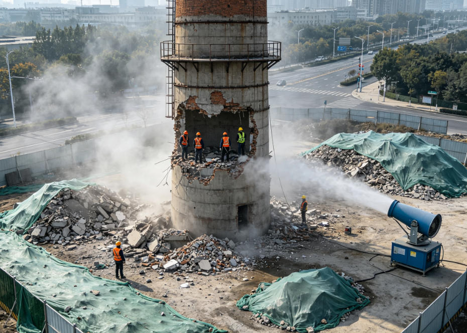 厂房建筑物拆除作业配备雾炮设备持续洒水降尘，全覆盖防尘围挡，落实降噪抑尘环保施工规范实拍