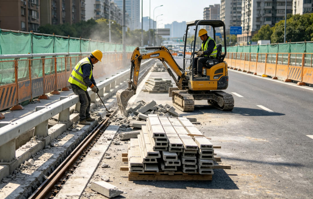 桥梁箱梁绳锯静力切割现场施工实拍 市政老旧桥梁拆除施工现场,绳锯静力切割箱梁构件,按照标准化施工流程开展桥梁主体切割作业,工程实景拍摄