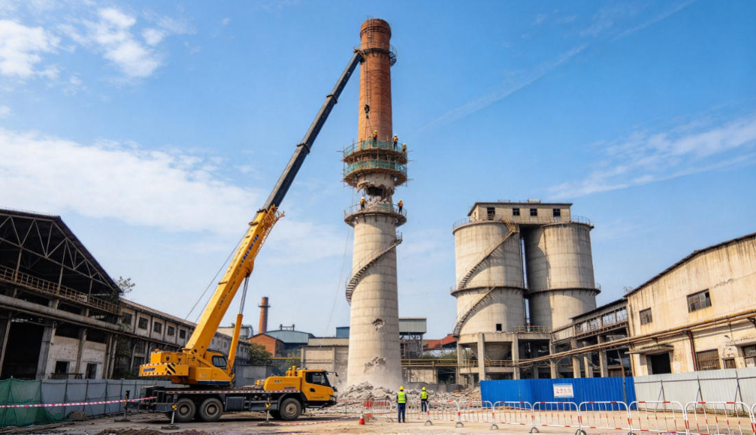 陕西烟囱水塔高空拆除施工现场 陕西烟囱水塔高空拆除,专业高空作业人员分段拆除砖烟囱水塔